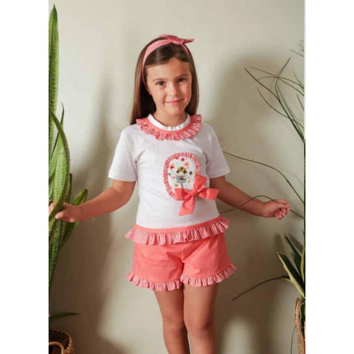 Conjunto verano coral 2 piezas estampado jardinera (Cuka)