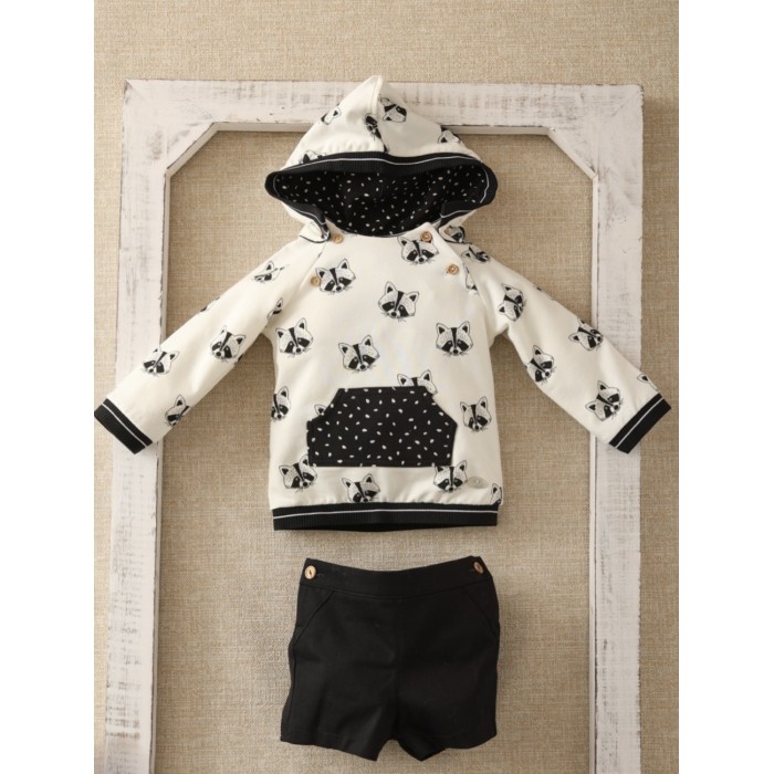 Basmarti conjunto niño2p blanco y negro estampados mapaches serie lunada 22323